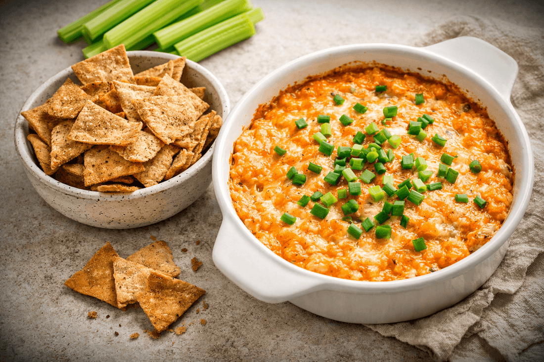 High-Protein Buffalo Chicken Dip with Fiber Pita Chips