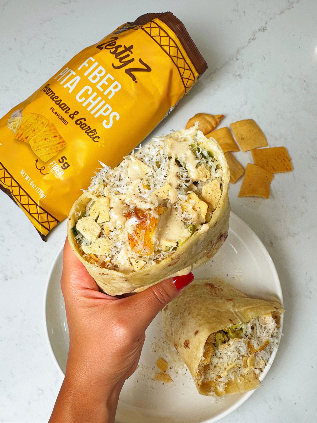Chicken Caesar Salad Wrap with Zesty Z Garlic & Parmesan Pita Chips