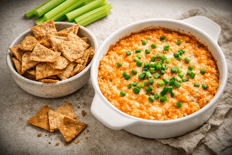 High-Protein Buffalo Chicken Dip with High Fiber Pita Chips 
