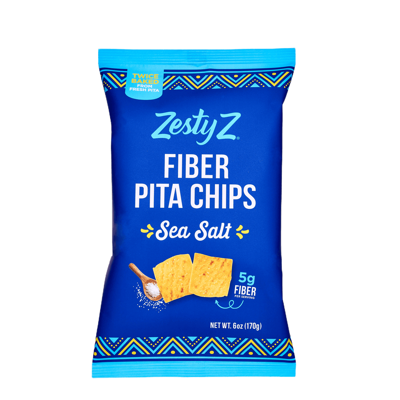 Zesty Z Fiber Pita Chips Sea Salt packaging on a black background