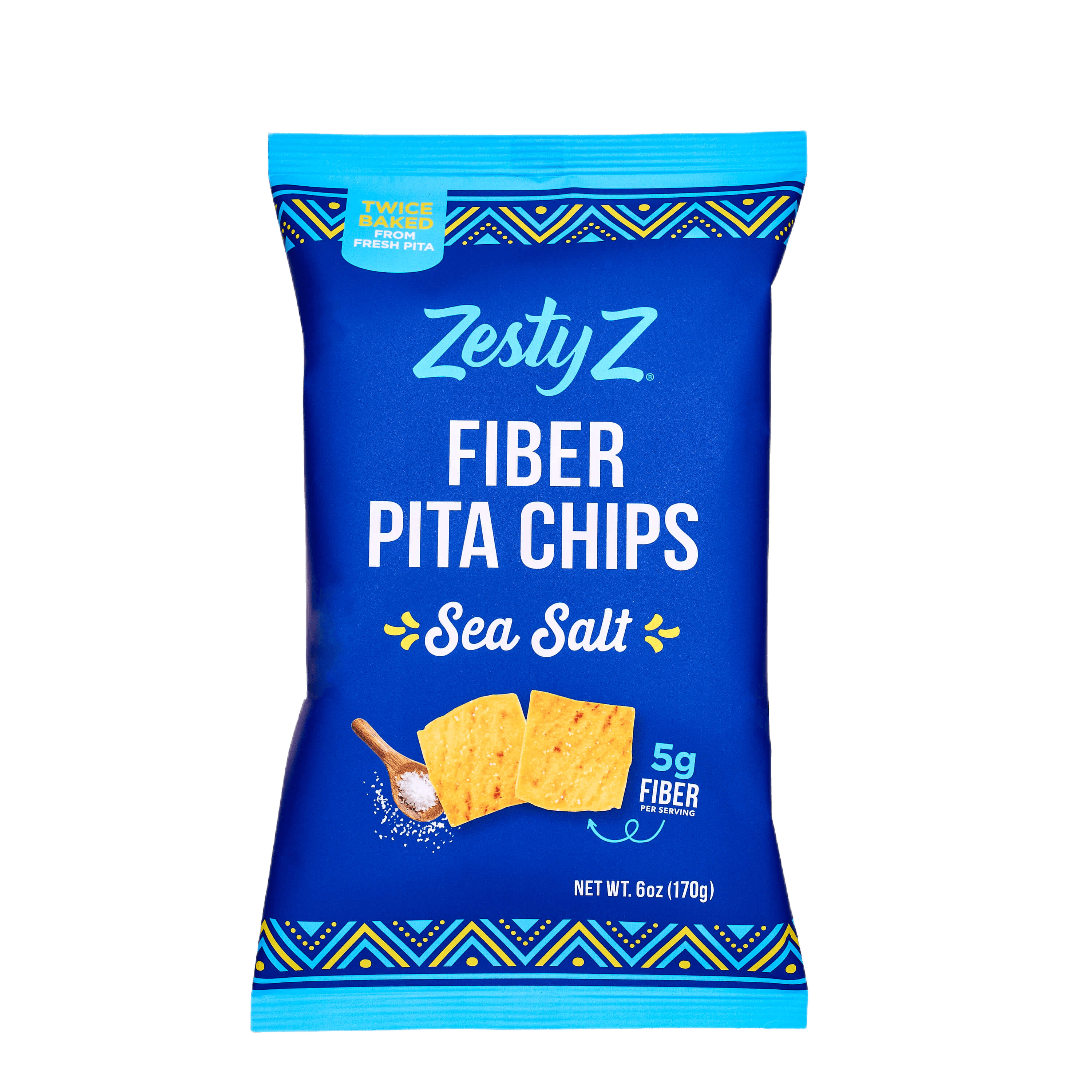 Zesty Z Fiber Pita Chips Sea Salt packaging on a black background