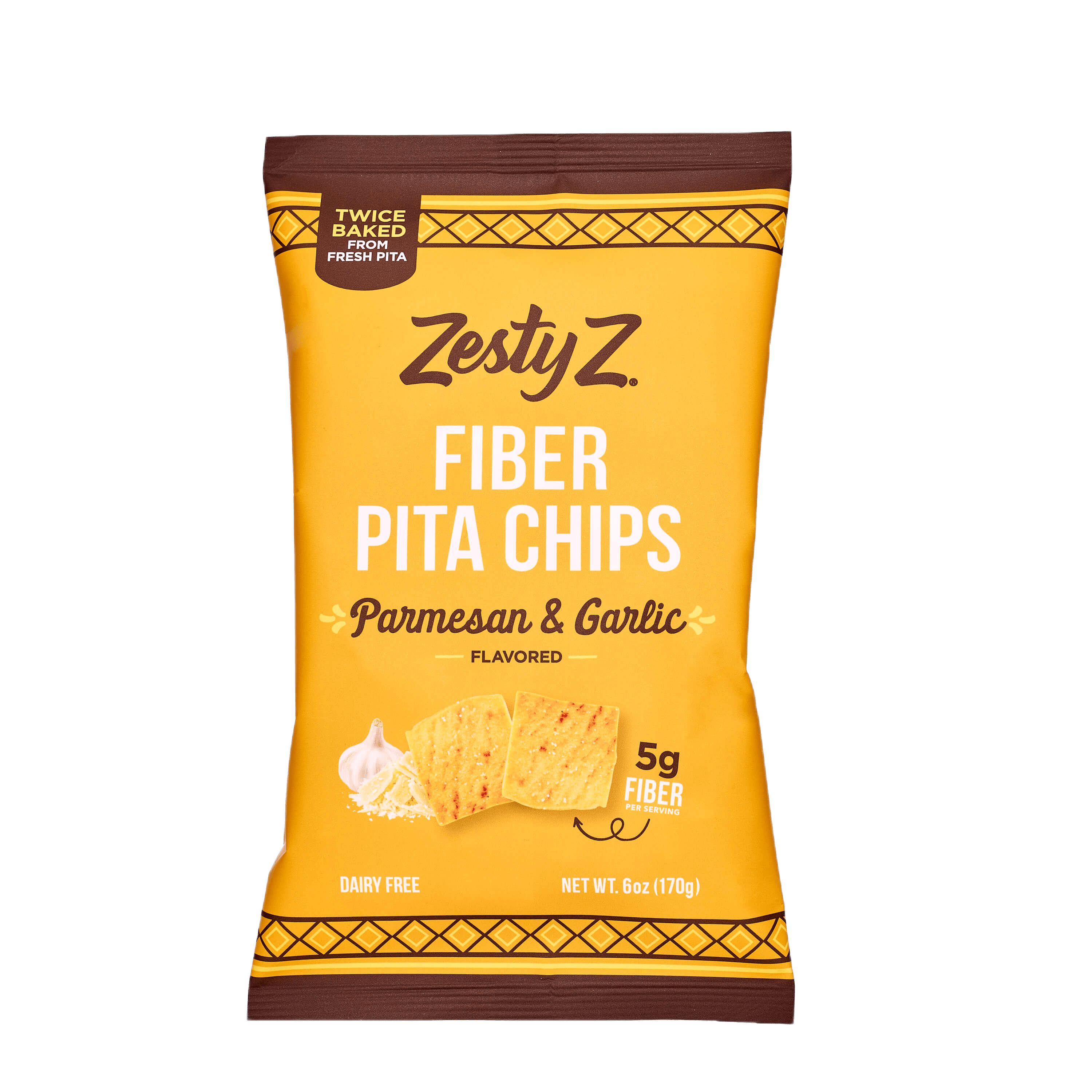 Zesty Z Fiber Pita Chips Parmesan & Garlic flavor packaging on a black background