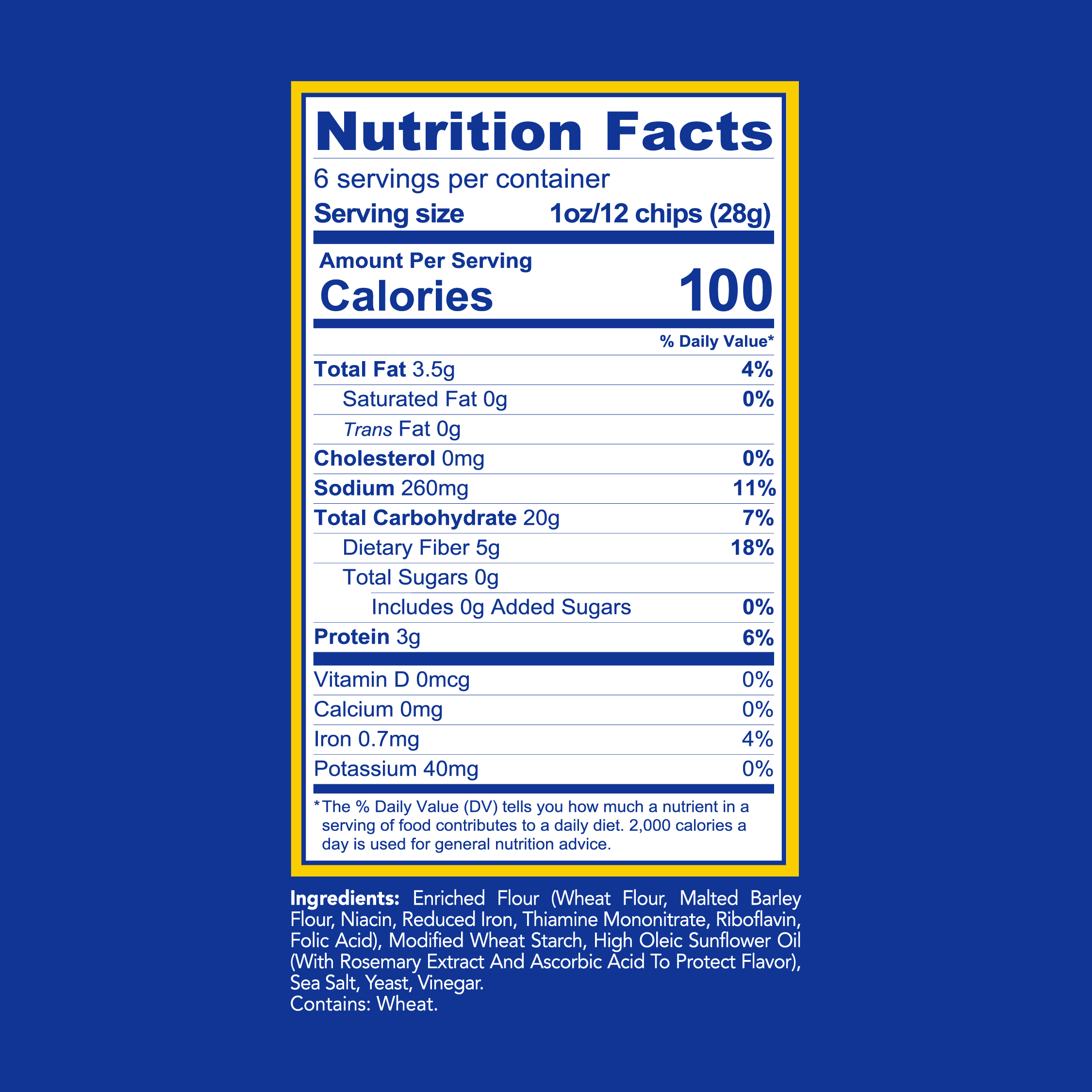 A Nutrition Facts label for 12 chips shown on a solid blue background, with the label outlined in yellow and white text detailing calories, fat, sodium, carbohydrates, and protein content.