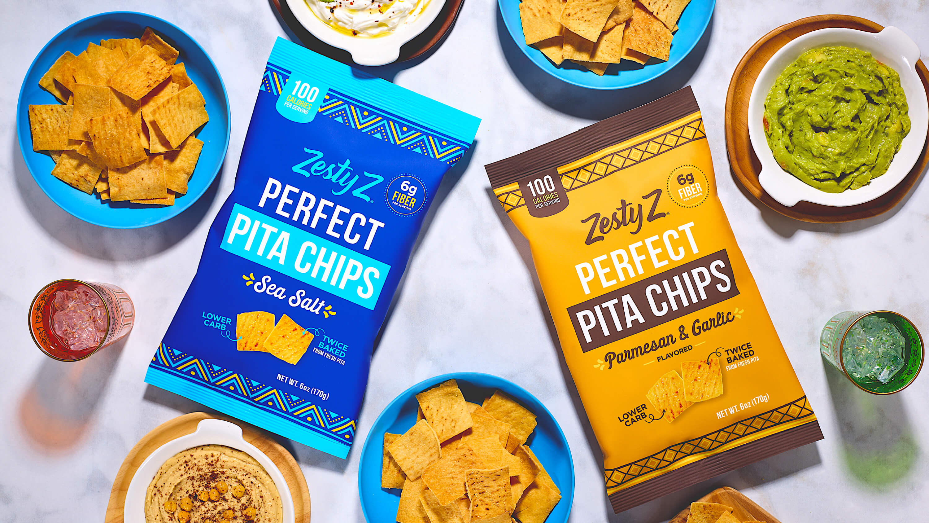 Zesty Z high fiber  Pita Chips bags with pita chips and dips — Sea Salt and Parmesan & Garlic