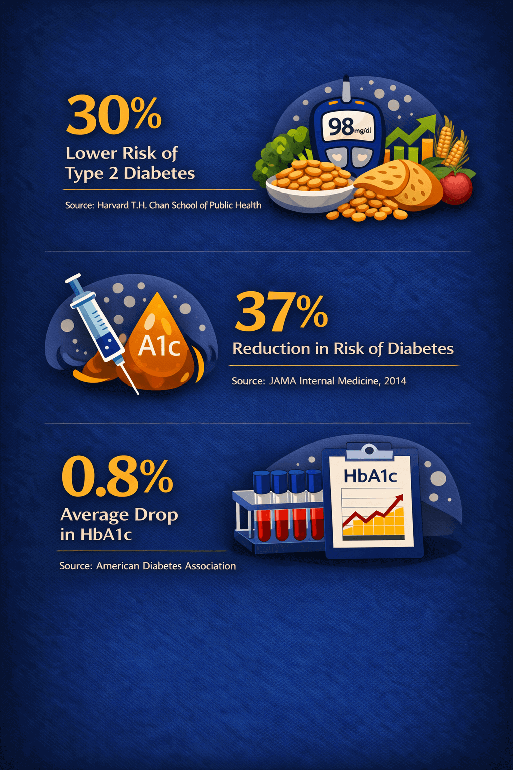 Fiber benefits infographic showing lower type 2 diabetes risk, reduction in diabetes risk, and average drop in HbA1c for blood sugar support.