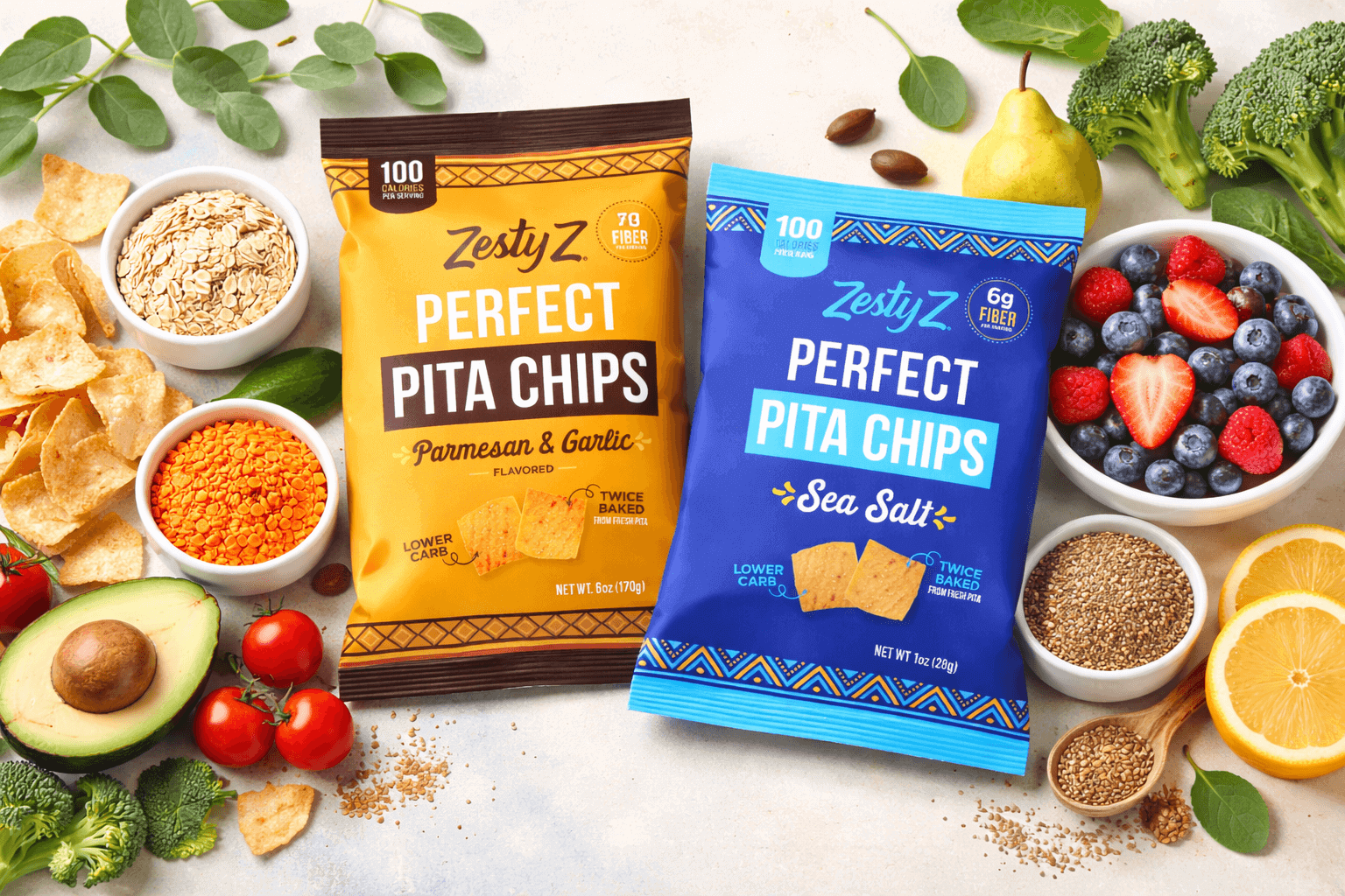 Zesty Z High Fiber Pita Chips healthy snack image with Parmesan and Garlic and Sea Salt pita chips surrounded by fruit, vegetables, oats, lentils, seeds, and other wholesome ingredients.
