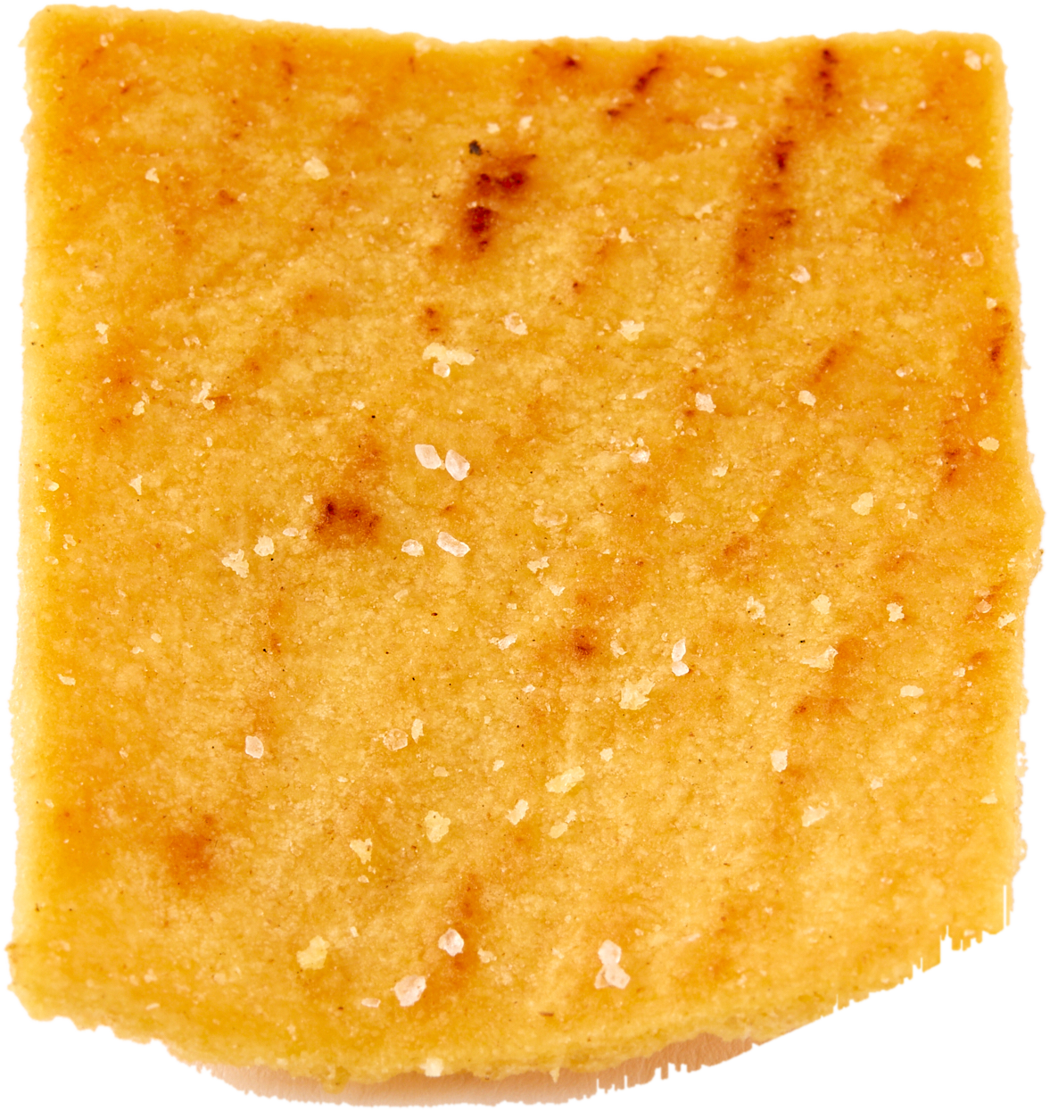 A square slice of golden-brown baked pita chip with coarse white salt crystals.