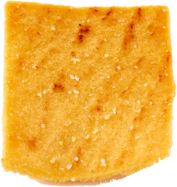 A square slice of golden-brown baked pita chip with coarse white salt crystals.
