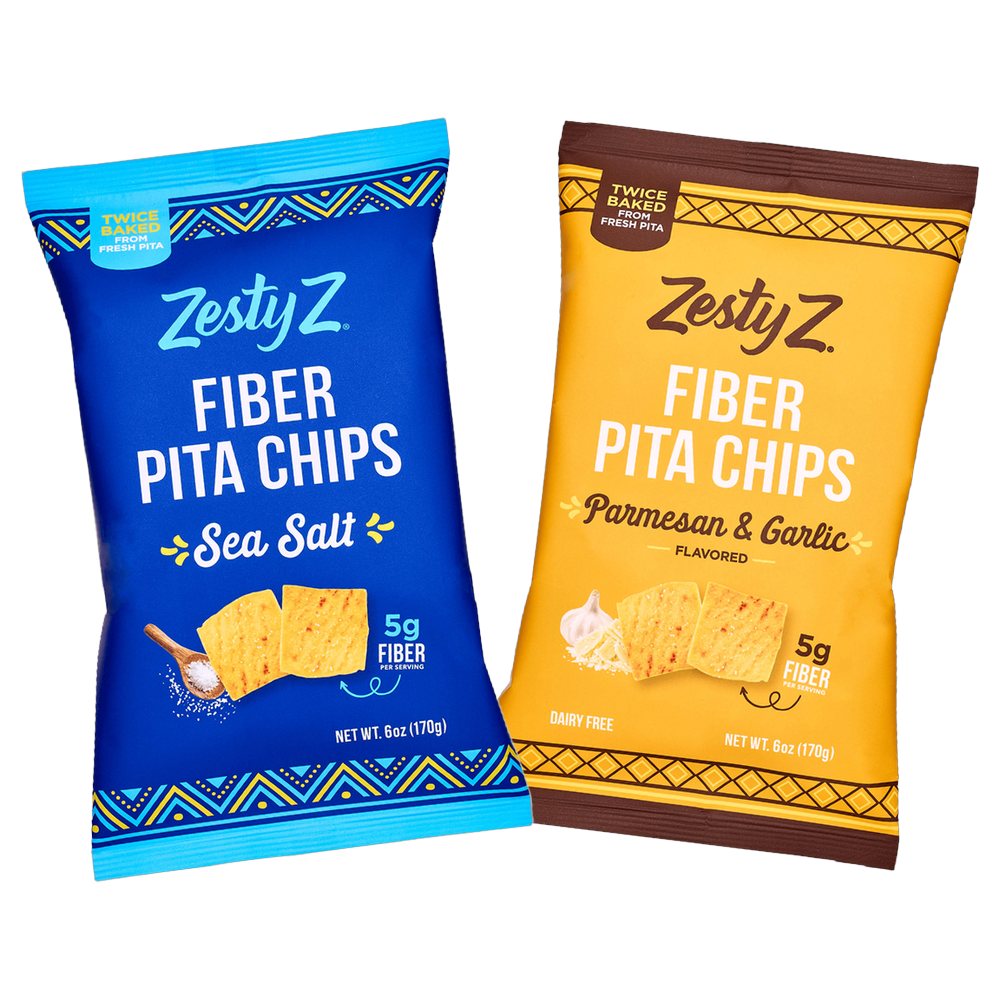 Two packages of Zesty Z Fiber Pita Chips on a white background