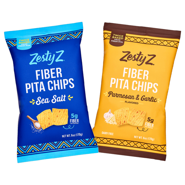 Two packages of Zesty Z Fiber Pita Chips on a white background